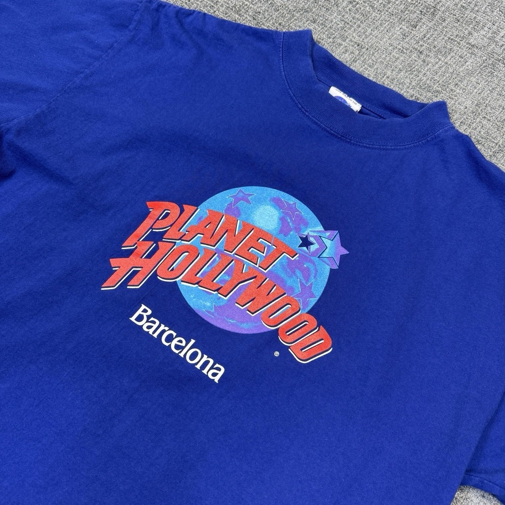 VTG Planet Hollywood Barcelona T Shirt Size Large Blue Styled In USA 90's